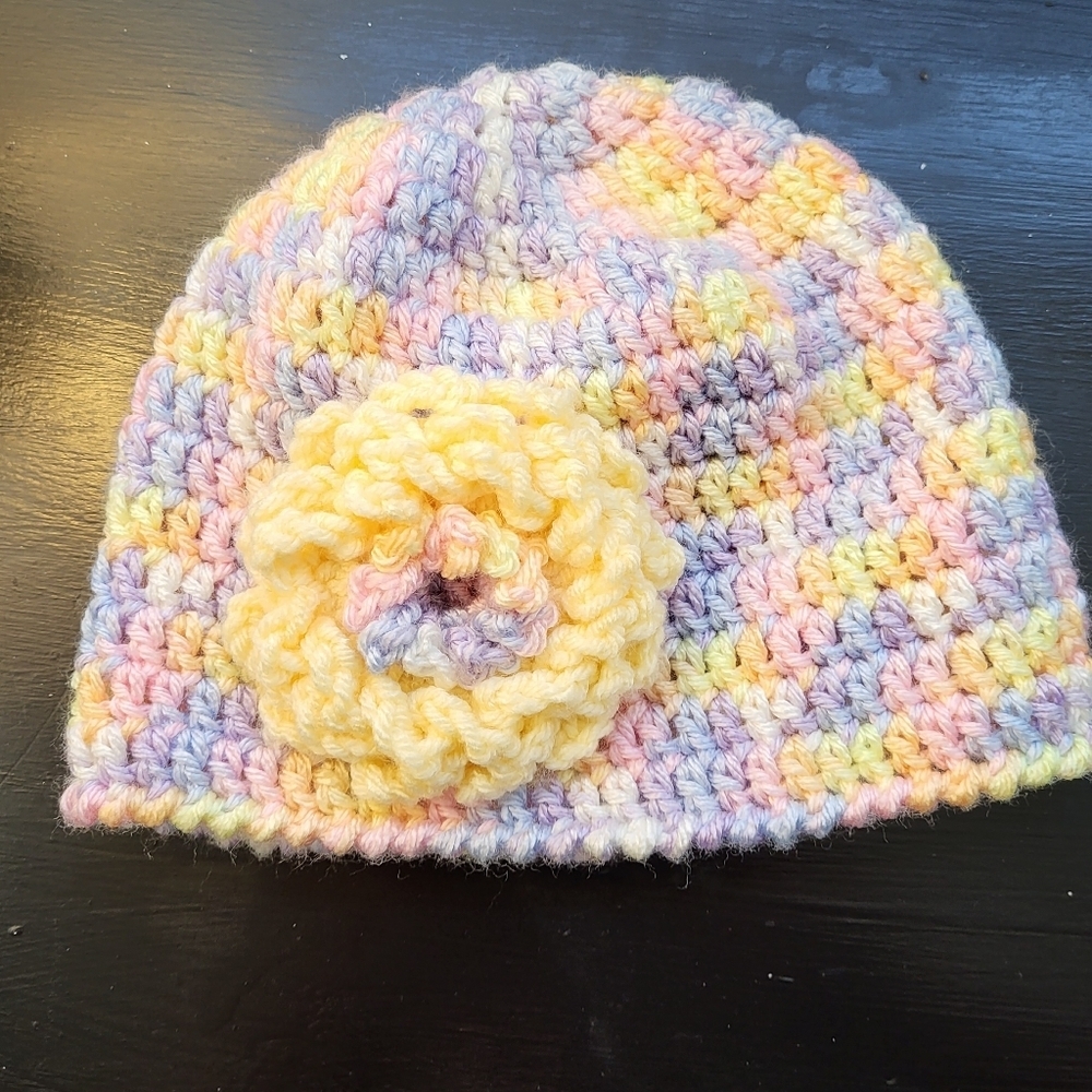 Hand knit pastel rainbow beenie
